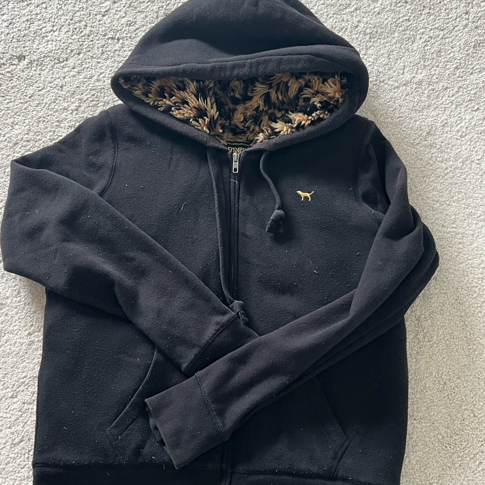 PINK Victoria's Secret Black Hoodie with animal print faux fur Large